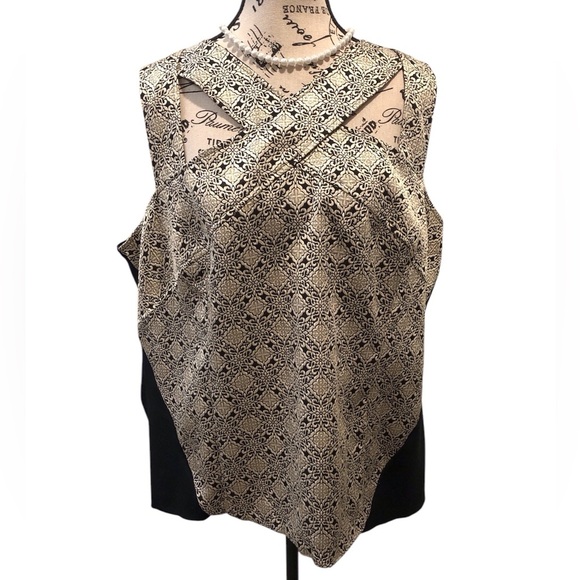 Lane Bryant Sz 22 Elegant Black and Gold Brocade Women's Top Criss Cross Front - Picture 1 of 7